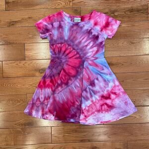 Girls Ice Dyed Skater Dress - Spiral Pink Purple Hand-dyed (Kid's Size 6)